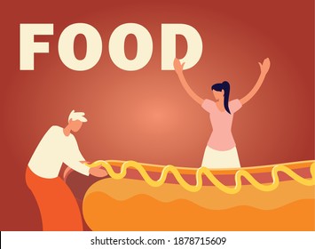 happy man and woman with hot dog with mustard food vector illustration