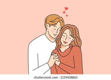 Feliz abrazo de hombres y mujeres mostrando profundo amor y apego emocional. Una pareja joven y sonriente puede abrazarse a disfrutar juntos de una cita romántica. Concepto de relaciones. Ilustración vectorial. 