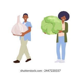 Happy man and woman isolated cartoon characters holding huge garlic and cabbage head in hands