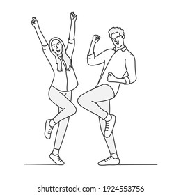 Happy man and woman jumping. Hand drawn vector illustration.