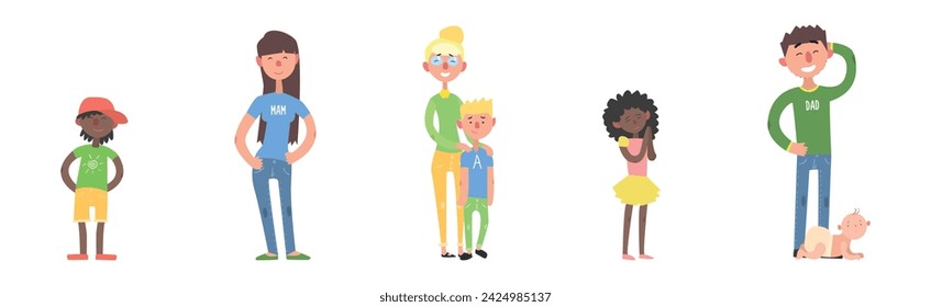 Happy Man, Woman and Kids Standing and Smiling Vector Illustration Set