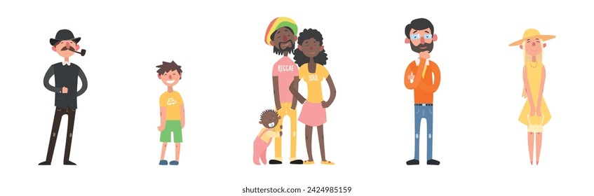 Happy Man, Woman and Kids Standing and Smiling Vector Illustration Set