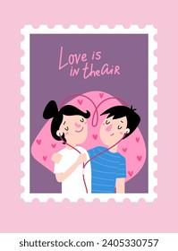 Happy man and woman listening to music and text - love is in the air. Love concept. Greeting card in the form of a postage stamp. Valentine card.