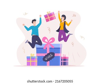 Feliz hombre y mujer ganadores de la lotería con cajas de regalo. Gente afortunada ganando premios y celebrando el éxito. Gente alegre saltando. Programa de fidelidad, promoción de ventas de promoción de regalo vector plano