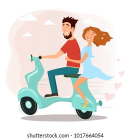 Happy man and woman in love riding a scooter. Vector cartoon illustration.