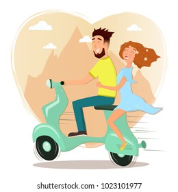 Happy man and woman in love riding a scooter. Vector cartoon illustration.