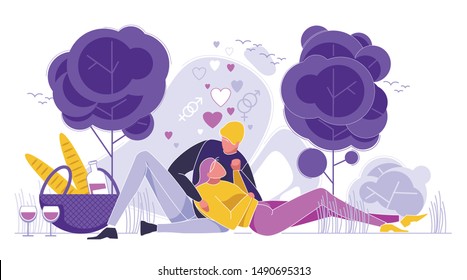 Happy Man and Woman in Love, Young Family, Married Couple on Picnic in Forest Flat Cartoon Vector Illustration.Lovers Characters on Romantic Date. Rest on Nature. Basket with Food and Wine Drink.