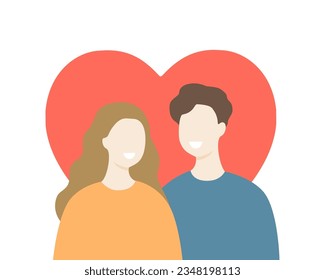 Happy man and woman lover. Smiling couple. Relationship, dating, romance concepts. Flat people character vector design illustration isolated on white background with red heart.