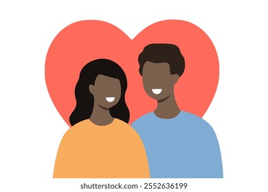 Feliz homem e mulher amante. Um casal sorridente. Relacionamento, namoro, conceitos de romance. Ilustração de design de vetor de caracteres de pessoas planas isolada em fundo branco com coração vermelho.