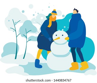 Happy Man and Woman Making Snowman on Street. Winter Time Vacation, Fun, Characters Leisure, Young Couple Festive Season Sparetime. Love, Human Relation, Friendship. Cartoon Flat Vector Illustration