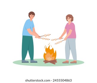 Hombre y mujer felices con malvaviscos. Personajes cerca de la chimenea. Concepto de verano. Ilustración vectorial aislada sobre fondo blanco.