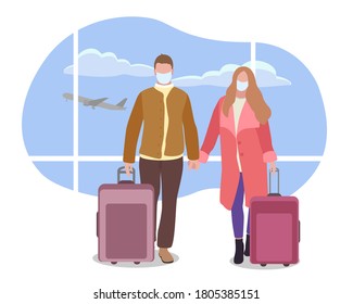 Happy man and woman in medical masks with suitcases waiting for their flight at the airport. Travel in post-quarantine time. Vector illustration