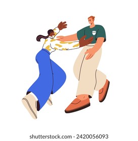 Happy man and woman meeting, glad to see each other. Love couple greeting with hugs. Excited cheerful people embracing. Reunion concept. Flat vector illustration isolated on white background.