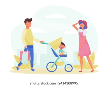 Happy Man and Woman Mother and Father Strolling with Baby Carriage in Park Vector Illustration