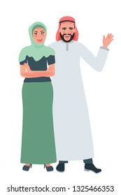 Happy man and woman in Muslim clothes hugging and smiling. Vector illustration of the national family