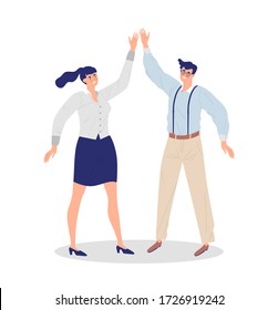 Happy Man And Woman Office Workers Doing High Five Hand Gesture For Successful Work Achievement Or Teamwork Goal Concept On Isolated White Background.