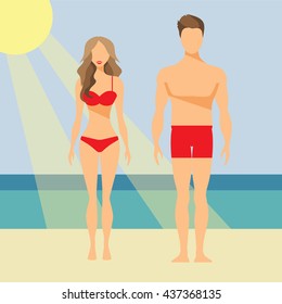 Happy Man and Woman on the Beach Vector Flat Illustration