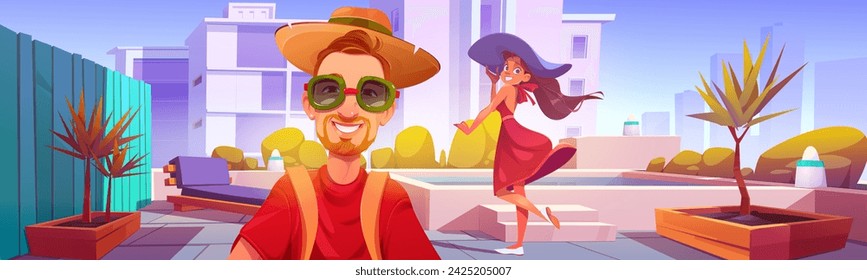 Happy man and woman on rooftop terrace with swimming pool, lounge chair and plants in pot. Cartoon vector summer vacation illustration with couple in hats taking selfie photo on city roof patio.