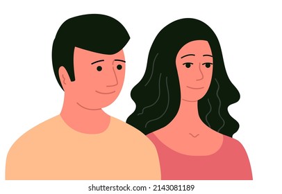 Happy man and woman on white background. Young couple portrait. On the face of a smile. Flat vector illustration isolated on white background