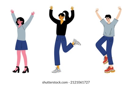 Happy Man and Woman with Raised Hands Cheering About Something Vector Set