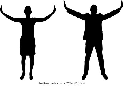 Happy man and woman with raised hands. Business concept of success and victory. Vector Silhouette