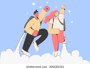 Happy man and woman reach star fly above clouds, achieve goal or purpose. Excited successful people aim high. Accomplishment and achievement, career success concept. Flat vector illustration. 