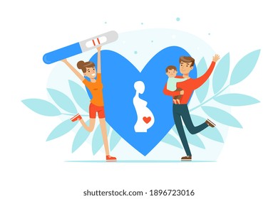 Happy Man and Woman Rejoicing Because of Positive Pregnancy Test Vector Illustration