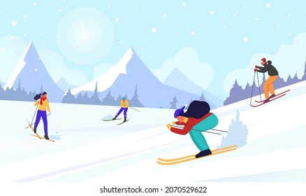 Happy man and woman ride skis in Alps. Winter mountain landscape with skiers. Blue sky, tops of rocks on background. Winter sport activities. Skiing resort. Vector illustration