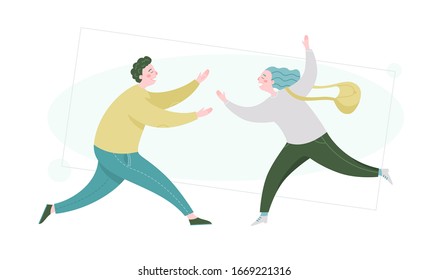 Happy man and woman run to meet each other. Cartoon vector illustration. 