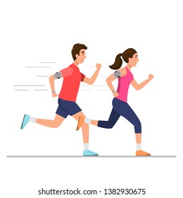 Happy man and woman running on the way. lifestyle morning jogging for good healthy. Vector illustration in cartoon style