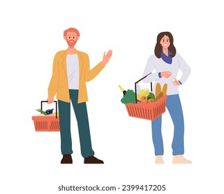 Happy man and woman shopper character with product basket enjoying shopping time on weekend