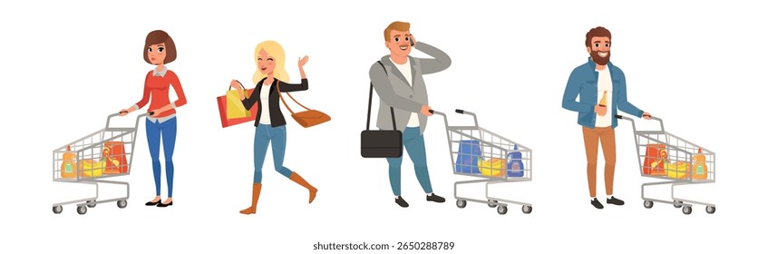 Happy Man and Woman Shopping Make Purchase and Buy Goods Vector Set