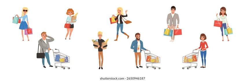 Happy Man and Woman Shopping Make Purchase and Buy Goods Vector Set