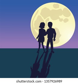 Happy man and woman silhouettes in moonlight. Full supermoon. Vector illustration.
