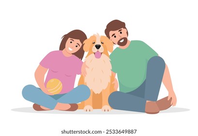 Happy man and woman sitting with dog. Dog lover young people hugging cute dog. Happy Pet and family owners. Vector flat illustration isolated on white background.