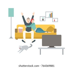 Happy man and woman sitting on comfortable couch, eating popcorn and watching sport game on TV. Cute young married couple spending time together at home. Flat cartoon colorful vector illustration.