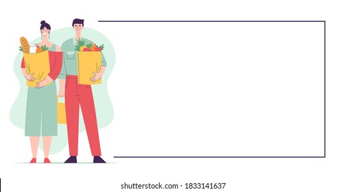 Happy man and woman stand in full height and hold paper bags with food.Template,space for text.Shopping in supermarket flat cartoon vector isolated illustration on white background