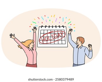 Happy man and woman stand near large calendar with inscription holiday, and celebrate beginning summer vacation. Overjoyed company employees happily wave hands upon learning that holiday approaching