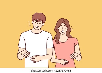 Happy man and woman stands and smiling experience positive emotions from walking together. Everyday zoomers boy and girl are laughing while discussing funny life stories. Flat vector image