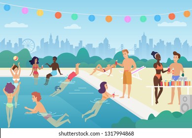 Happy man and woman are swimming in the pool, talking, playing with ball, enjoy time, having fun at the open air pool summer party. colourful vector illustration.