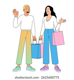Happy man and woman talking after shopping with bags in hand