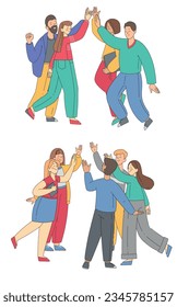Happy Man and Woman Team Giving High Five as Supporting Gesture Vector Set