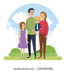happy man and woman with their son and daughter with bushes