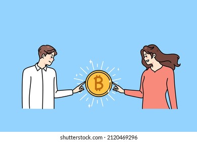 Happy man and woman touch hold bitcoin earn money on stock exchange. Diverse people involved in cryptocurrency mining or trading. Passive income, virtual gold. Vector illustration. 