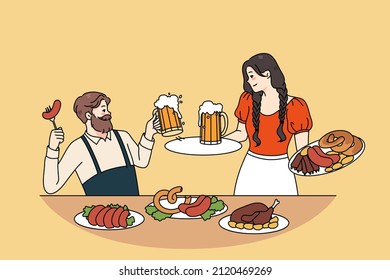Happy man and woman in traditional clothes celebrate Oktoberfest drink beer eat sausages. Smiling guy and girl enjoy german festival celebrations outdoors. Flat vector illustration. 