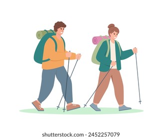 Hombre y mujer feliz caminando, caminando o viajando. Concepto de turismo, viajes y aventuras. Ilustración de carácter de Vector de vocación de verano aislado sobre fondo blanco.