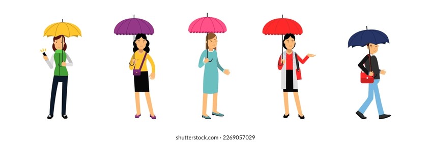 Happy Man and Woman Walking with Umbrella in Rainy Day Vector Set