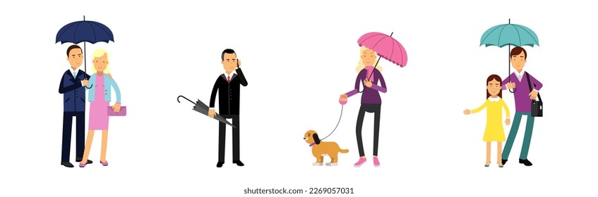 Happy Man and Woman Walking with Umbrella in Rainy Day Vector Set