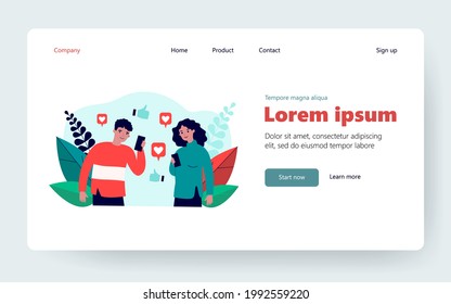 Happy man and woman watching likes in social media. Smartphone, thumb up, internet flat vector illustration. Communication and digital technology concept for banner, website design or landing web page