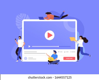 happy man and woman watching live streaming with phone and laptop vector illustration, online streaming platform, can use for, landing page, template, ui, web, homepage, poster, banner, flyer